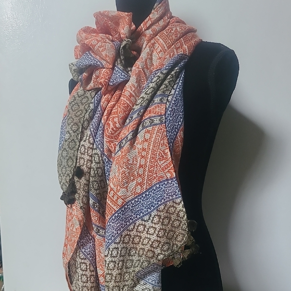 Chico's Vibrant Orange, Olive and Blue Tassel Scarf
